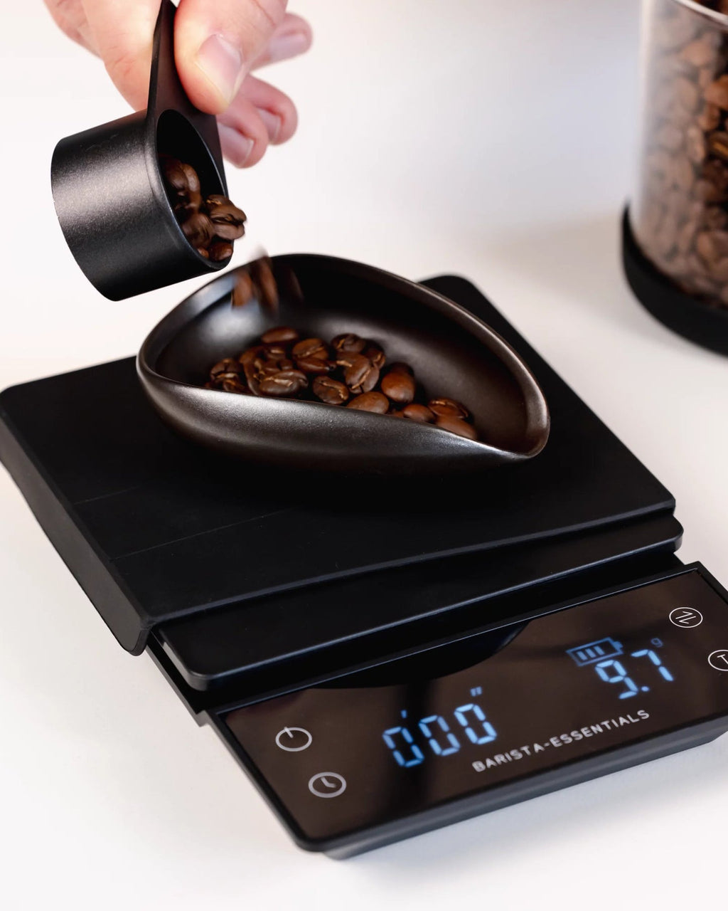 Weegschaal bovenaanzicht – digitale koffieschaaltje met timerknop