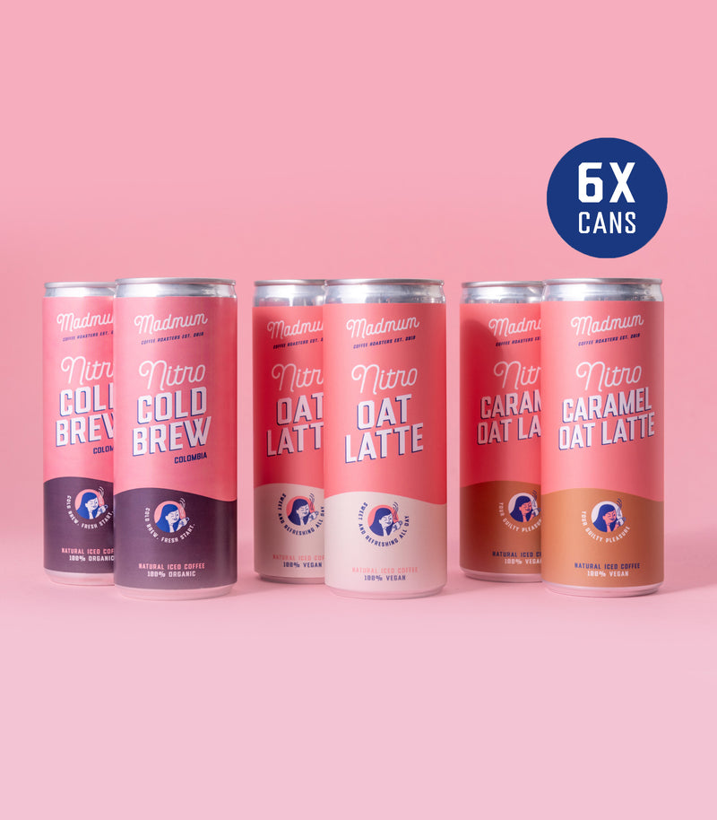 Iced Coffee Cans Discovery Box – 6 nitro cold brew blikjes van Madmum Coffee Roasters: Nitro Cold Brew, Nitro Oat Latte en Nitro Caramel Oat Latte